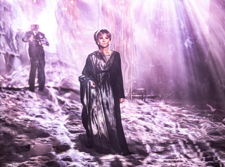 Kobieta w ciemnofioletowej długiej do ziemi sukni, z długimi rękawami. Dookoła na podłodze rozsypany śnieg, w tle lustrzana ściana. Całość sceny oświetlona w kolorze wrzosowym.