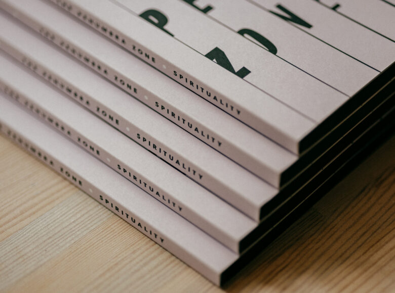 Fotografia przedstawia ułożone na sobie białe książki o tytule "Strefa półcienia".