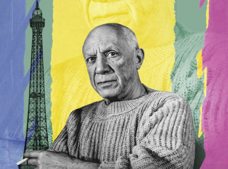 Na grafice zbliżenie na twarz i ramiona Pabla Picassa. Za Picassem na kolorowym tle narysowana wieża Eiffla.