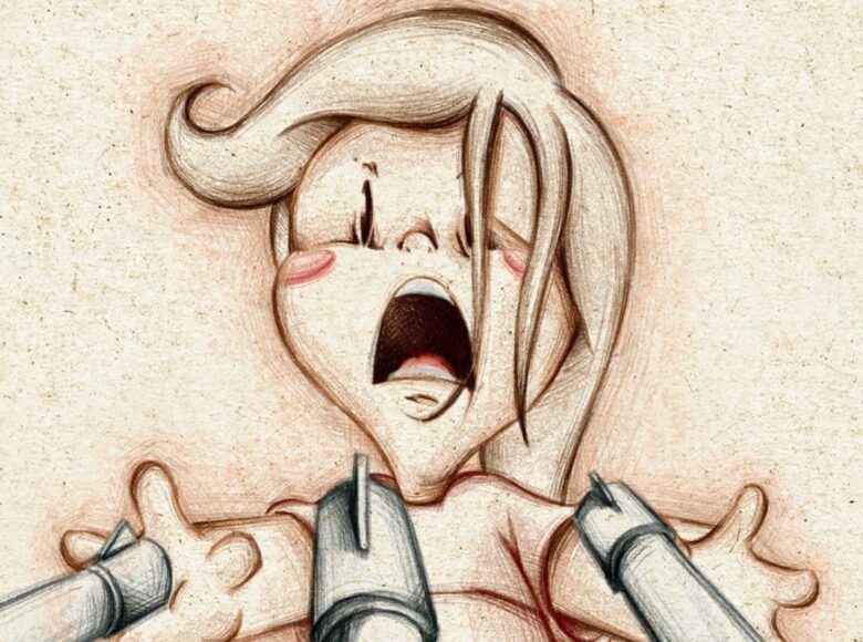 Na rysunku postać otwiera szeroko usta i rozkłada ręce na boki.