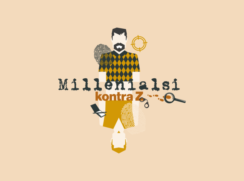 Grafika w kontrastowych kolorach. Pośrodku jasnego tła narysowane kolorowe sylwetki dwóch mężczyzn oraz napis: "Millenialsi kontra Z".