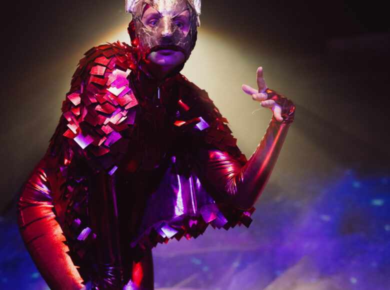Występ sceniczny. Na scenie kobieta pochylona do przodu, z podniesioną ręką. Ubrana jest w czerwony, błyszczący, obcisły kombinezon. Na twarzy ma maskę.