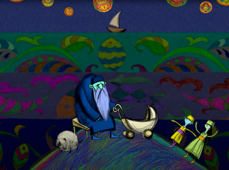 Kadr z filmu animowanego. Na szczycie wzgórza siedzi starszy mężczyzna z brodą, obok niego stoi wózeczek dziecięcy. Obok dwójka dzieci i puchate zwierzątko, kot lub pies. W tle ornamenty z motywami ryb i roślin. W oddali żaglówka na wodzie.