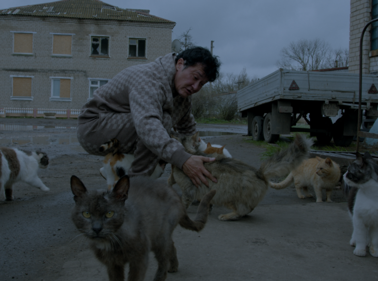Wczesna wiosna. Podwórze. Kobieta w dresie kuca na ziemi, wokół niej kłębi się stadko kotów. W tle budynek z powybijanymi oknami oraz przyczepa do traktora.