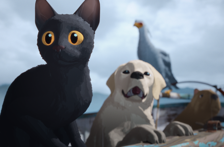 Kadr z filmu animowanego. Na pierwszym planie kot i pies, za nimi ptak. W tle niebo.