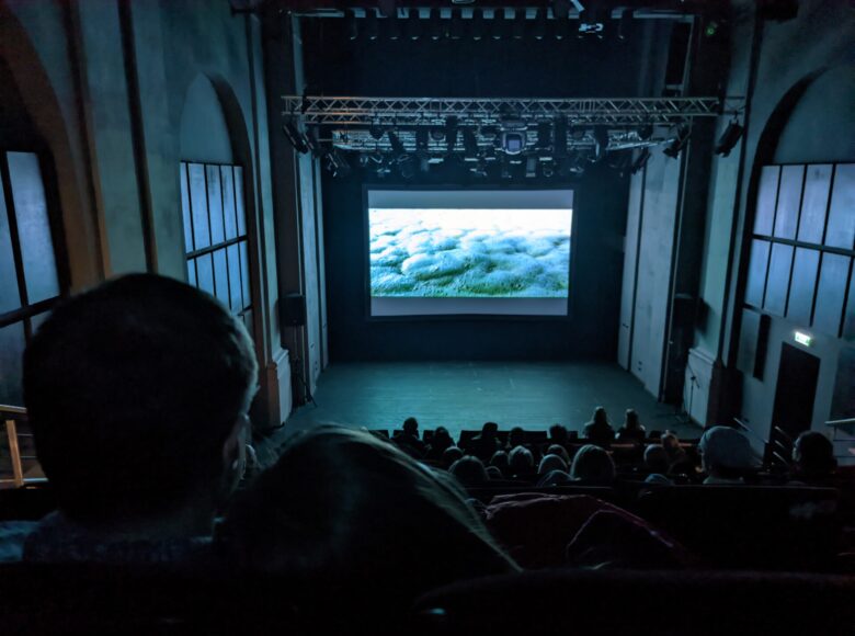Wnętrze Sali Widowiskowej Centrum Kultury w Lublinie. Trwa seans kinowy. Widzowie oglądają film wyświetlany na ekranie.