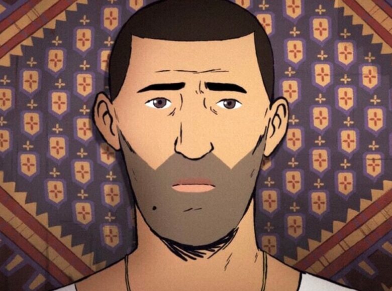 Grafika. Twarz nieogolonego mężczyzny narysowana na tle dekoracji przypominającej wzory z dywanów.