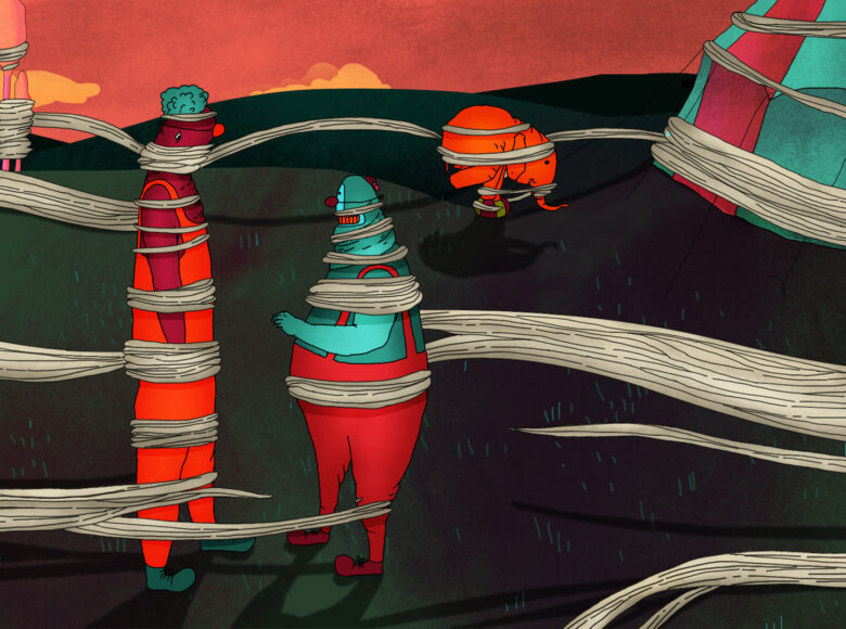 Kadr z filmu animowanego. W fantastycznym krajobrazie dwie cyrkowe postacie stoją naprzeciwko siebie i rozmawiają. Za nimi na piłce stoi mały słonik. W tle fragment namiotu cyrkowego, drzewa i czerwone niebo z żółtymi chmurami. Wszystkie postacie i elementy są owinięte białymi wstęgami.