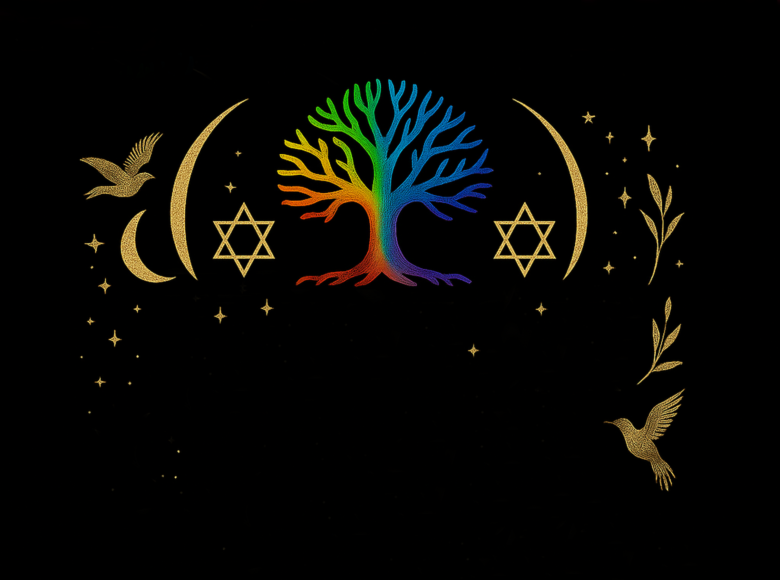 Grafika. Na czarnym tle narysowane drzewo w kolorach czerwonym, niebieskim i zielonym oraz złote elementy, jak: gwiazdy Dawida, półksiężyce, gwiazdki, gołąbki i gałązki oliwne.