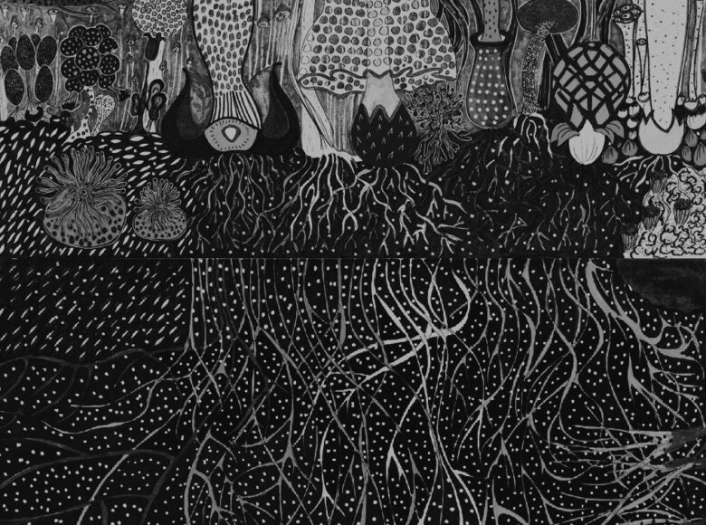 Kadr czarno biały z filmu animowanego. Skupisko rozmaitych grzybów rosnących obok siebie.