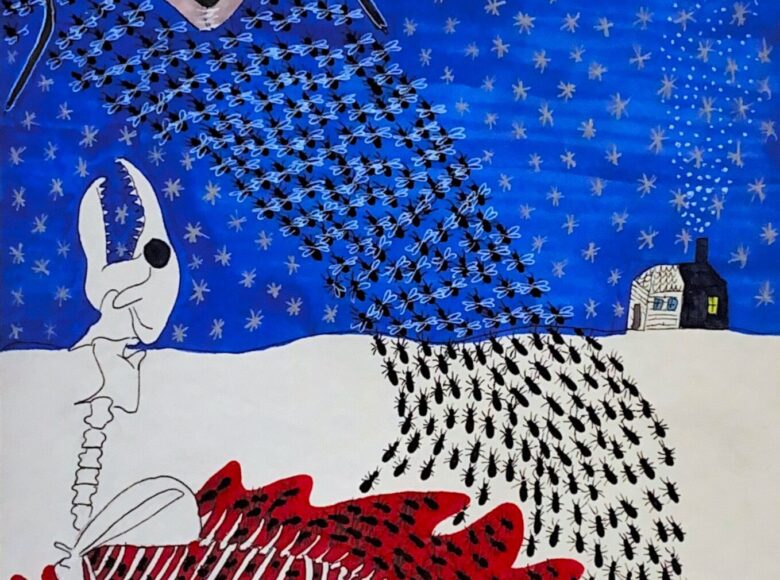 Kadr z filmu animowanego. Na ziemi szkielet zwierzęcia w kałuży krwi. Wokół pełno mrówek i much. W powietrzy nad szkieletem unosi się wielki owad. W tle gwiaździste niebo.