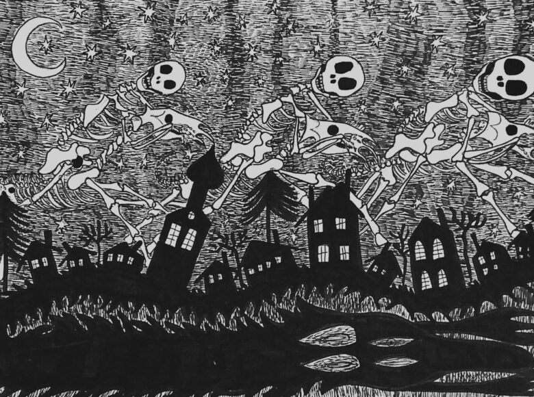 Kadr czarno biały z filmu animowanego. Miasteczko. Nad domami górują trzy ludzkie szkielety nadnaturalnych rozmiarów,jadące na szkieletach koni. W tle niebo z gwiazdami.