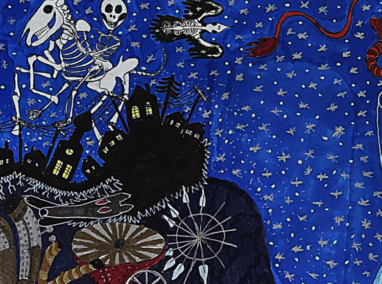 Kadr z filmu animowanego. Na tle gwiaździstego nieba widać miasteczko. Nad domkami unosi się ludzki szkielet dosiadający szkieletu konia.