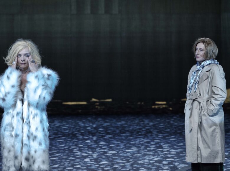 Przedstawienie teatralne. Na scenie stoją w pewnym oddaleniu od siebie dwie kobiety. Jedna ubrana jest w białe futro, druga w jasny płaszcz. Za nimi ciemna podłoga i czarne tło.