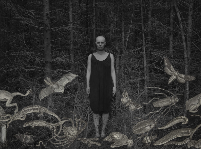 Kadr z filmu czarno biały. Na tle gęstych, bezlistnych drzew stoi kobieta w czarnej sukience z ogoloną głową. Dookoła niej różne stworzenia - jaszczurki, ćmy, żuki, ślimaki i inne.