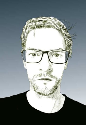 Rysunek. Na szarym tle narysowany portret mężczyzny o owalnej, szczupłej twarzy, w okularach i czarnej bluzce.