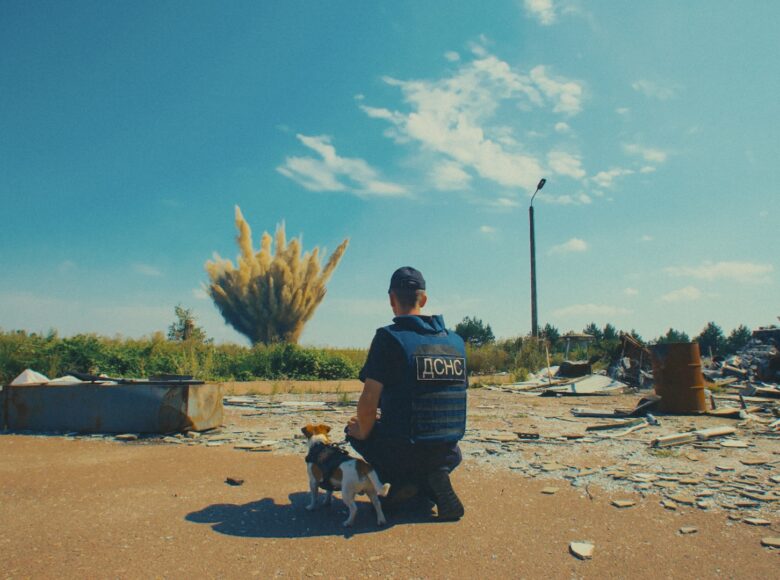 Kadr z filmu, ujęcie w plenerze. Na pierwszym planie tyłem do nas klęczy mężczyzna w kamizelce kuloodpornej, trzymający psa na smyczy. Dookoła krzaki i złomowisko. Mężczyzna patrzy na wybuch bomby, widoczny na dalszym planie.