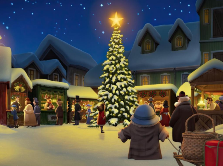 Kadr z filmu animowanego. Zimowe miasteczko, rynek, wokół którego stoją niewielkie, drewniane domy ze spadzistymi dachami. Przed domami stoją udekorowane świątecznie stoiska, widać ludzi, którzy robią w nich zakupy. Pośrodku rynku stoi choinka ze światełkami. W tle niebo z gwiazdami.