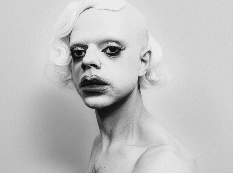 Fotografia czarno biała przedstawiająca portret mężczyzny w mocnym, scenicznym makijażu. Mężczyzna ma jeden bok głowy wygolony na łyso, a na drugiej części głowy ma loki blond przypominające fryzurę Marylin Monroe.