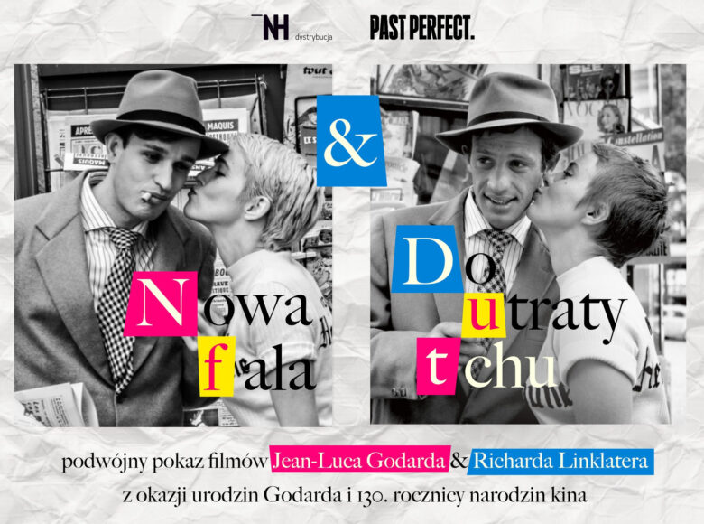 Plakat filmowy. Przedstawia leżące obok siebie dwie czarno białe fotografie. Na obu fotografiach widzimy tę samą parę młodych ludzi - mężczyzny w kapeluszu i kobiety całującej go w policzek. Na plakacie znajdują się też napisy informacyjne dotyczące pokazu filmów.