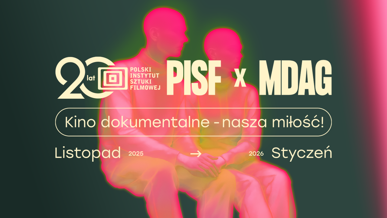 Grafika. Na zielonym tle narysowane dwie siedzące obok siebie postacie w kolorach czerwonym i żółtym. Na tym rysunku umieszczone są białe napisy informacyjne dotyczące wydarzenia.