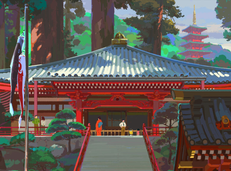 Kadr z filmu animowanego. Widok na japońską świątynię stojącą wśród drzew.