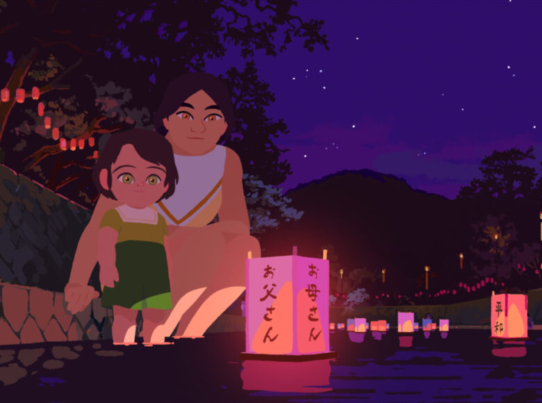 Kadr z filmu animowanego. Miasto po zmroku. Na chodniku kuca kobieta z dzieckiem. Wpatrują się w stojący obok na ziemi lampion z japońskimi napisami. W tle więcej lampionów stojących na chodniku, świecące latarnie, drzewa oraz rozgwieżdżone niebo.