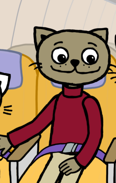 Kadr z filmu animowanego. Wnętrze samolotu. Na pierwszym planie na fotelach siedzi kocia rodzina - mama - kot, tata - kot i dziecko - mały kotek.