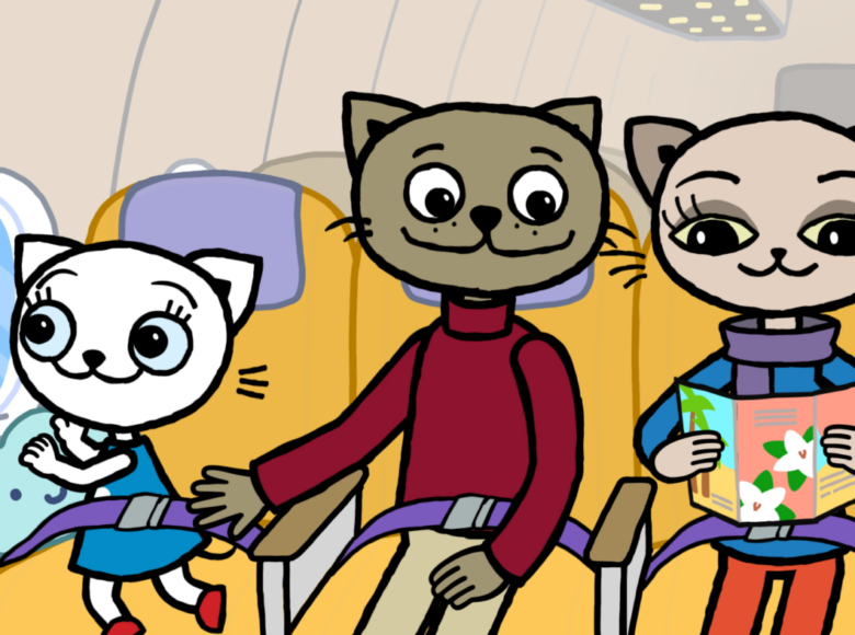 Kadr z filmu animowanego. Wnętrze samolotu. Na pierwszym planie na fotelach siedzi kocia rodzina - mama - kot, tata - kot i dziecko - mały kotek.