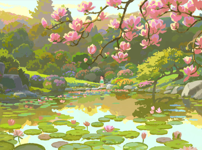 Kadr z filmu animowanego. Jasny, letni dzień. Nad stawem z nenufarami stoi mała dziewczynka, wokół stawu rosną drzewa, kolorowe kwiaty i trawa.