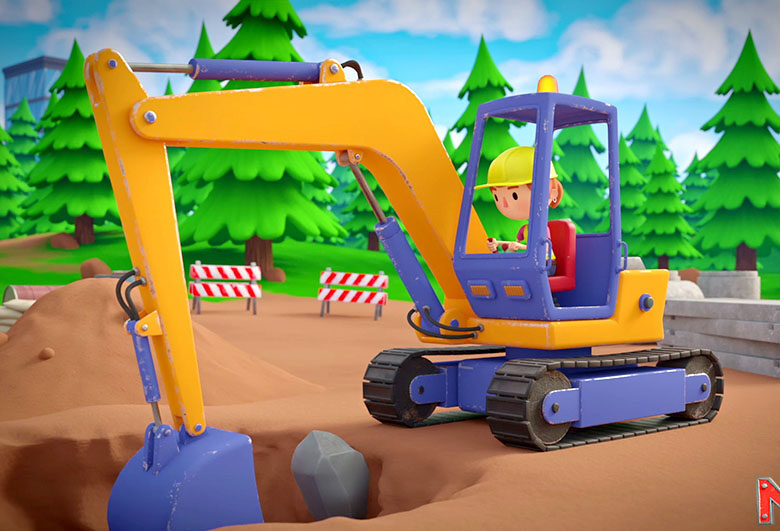 Kadr z filmu animowanego. Na pierwszym planie ludzik w koparce kopiący dół. W tle choinki i domy.