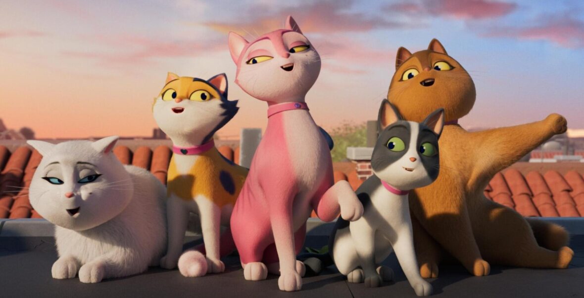 Kadr z filmu animowanego. Na dachu domu siedzi obok siebie pięć śpiewających kotów.