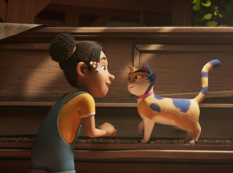 Kadr z filmu animowanego. Przy pianinie stoi dziewczynka i uśmiecha się do kotka, chodzącego po klawiaturze. Kotek uśmiecha się do dziewczynki.