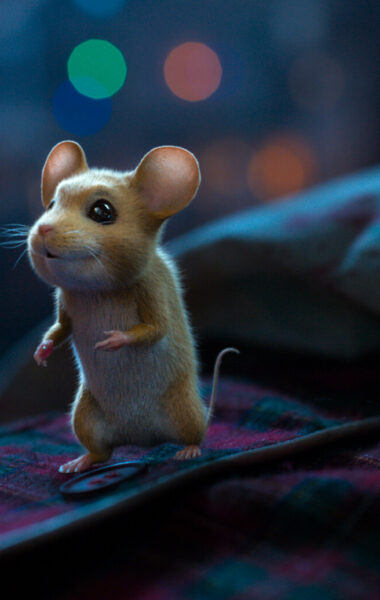 Kadr z filmu animowanego. Ciemny pokój. Na pierwszym planie myszka, chodząca po brzuchu kogoś leżącego w łóżku, ubranego w kraciastą piżamę.