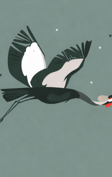 Grafika. Na zielonym tle lecący żuraw czarno-biały, z czerwonymi plamkami na głowie.