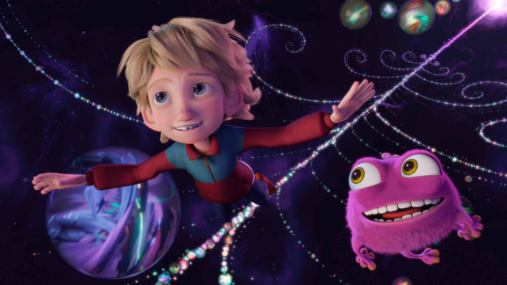 Kadr z filmu animowanego. Chłopiec i niewielka, futrzana fantastyczna postać lecą w powietrzu. Za nimi widać unoszące się kolorowe, świecące kule i ciemne niebo.