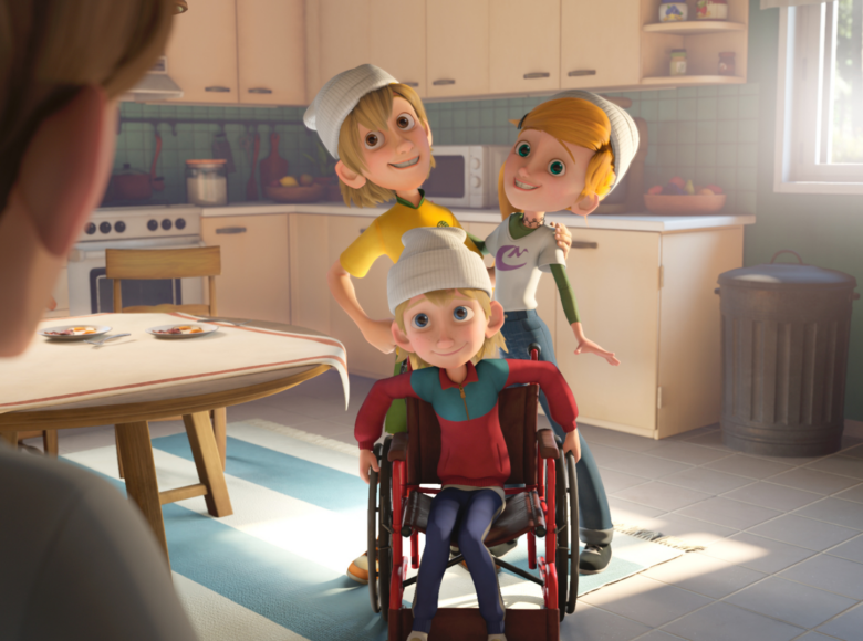 Kadr z filmu animowanego. W domowej kuchni w wózku inwalidzkim siedzi chłopiec. Za nim stoją dziewczyna z chłopakiem. Wszyscy troje z uśmiechem patrzą na stojącego przed nimi mężczyznę.