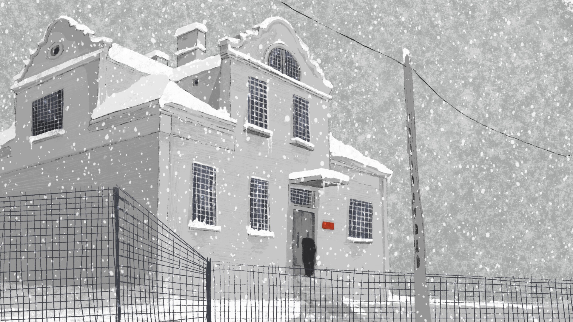 Kadr z filmu animowanego. Szara willa z ośnieżonym dachem stoi na tle szarego nieba. Pada śnieg. Przed willą widzimy ogrodzenie z siatki, obok willi stoi wysoki słup podtrzymujący linię przewodu energetycznego.