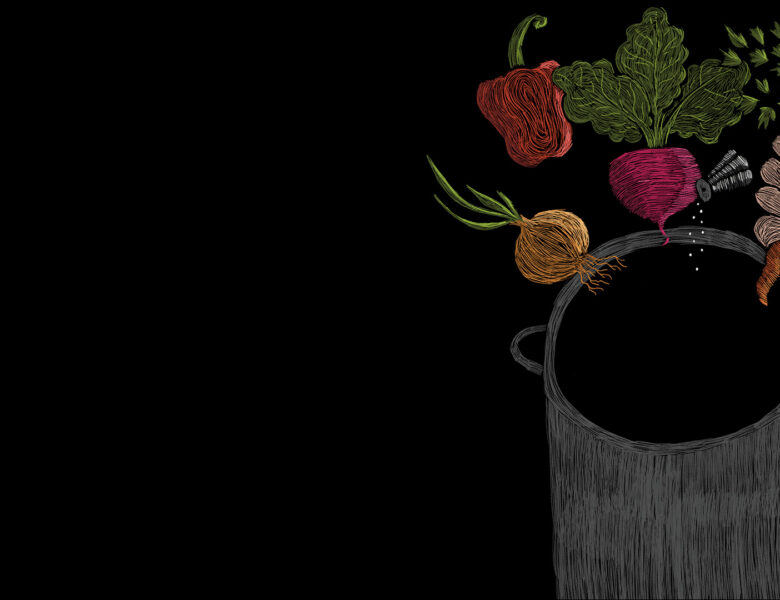 Grafika. Na czarnym tle rysunek kolorowymi kreskami. Przedstawia on rękę wkładającą marchewkę do garnka. Do tego samego garnka samodzielnie wpadają inne warzywa: cebula, burak i papryka. Obok unosi się w powietrzu solniczka, która sama nachyla się nad garnkiem, by wsypać do niego sól.