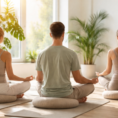 W jasnej sali trzy osoby siedzą obok siebie po turecku na matach rozłożonych na podłodze. Osoby siedzą tyłem do obiektywu.