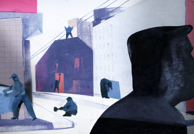 Kadr z filmu animowanego. Miejska ulica. Na pierwszym planie zbliżenie na profil postaci ludzkiej. W tle wśród domów krzątają się inni ludzie. Jeden z nich maluje ścianę domu, inny stoi na dachu, pozostali także są w pozach kojarzących się z remontowaniem lub porządkowaniem.