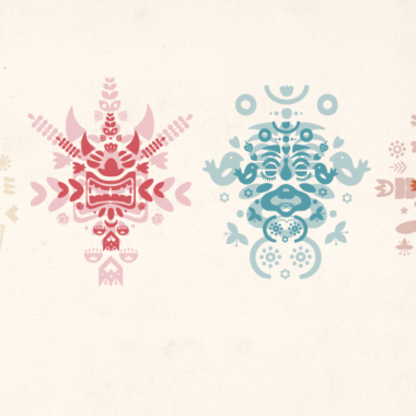 Grafika. na jasnym tle w rządku obok siebie ułożone cztery ornamenty, stylizowane na ludowe wycinanki. Ornamenty są w kolorach żółtym, czerwonym, niebieskim i pomarańczowym.