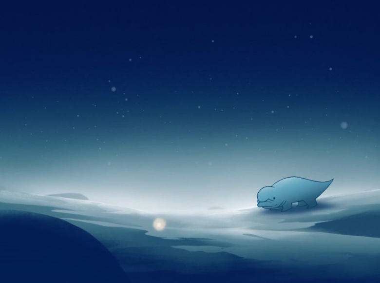 Kadr z filmu animowanego. Noc. Pod granatowym niebem stoi jakieś fantastyczne stworzenie, podobne do foki.
