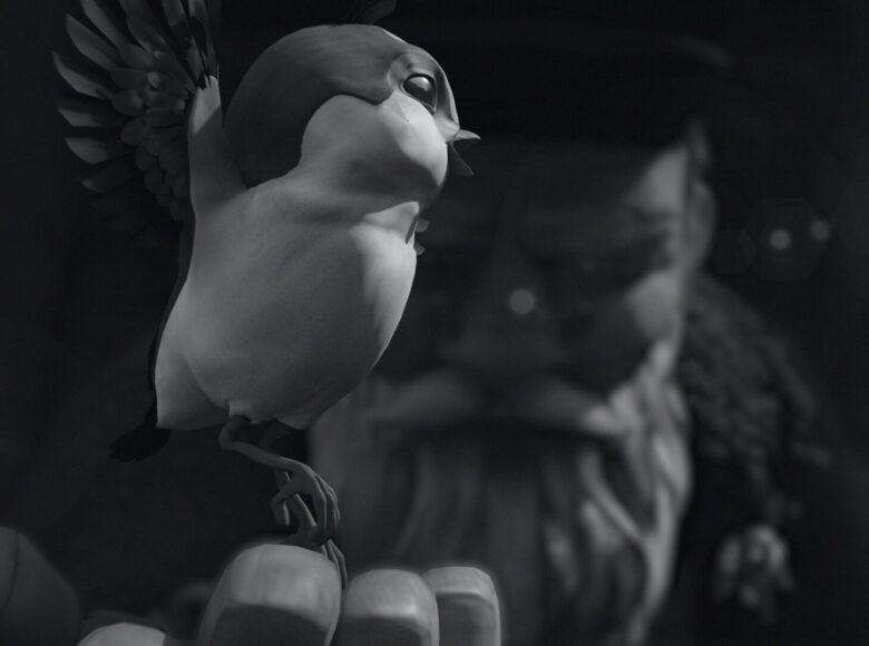 Kadr czarno biały z filmu animowanego. Zbliżenie na brodatego mężczyznę. Wyciąga on w naszą stronę dłoń, na której siedzi ptak.