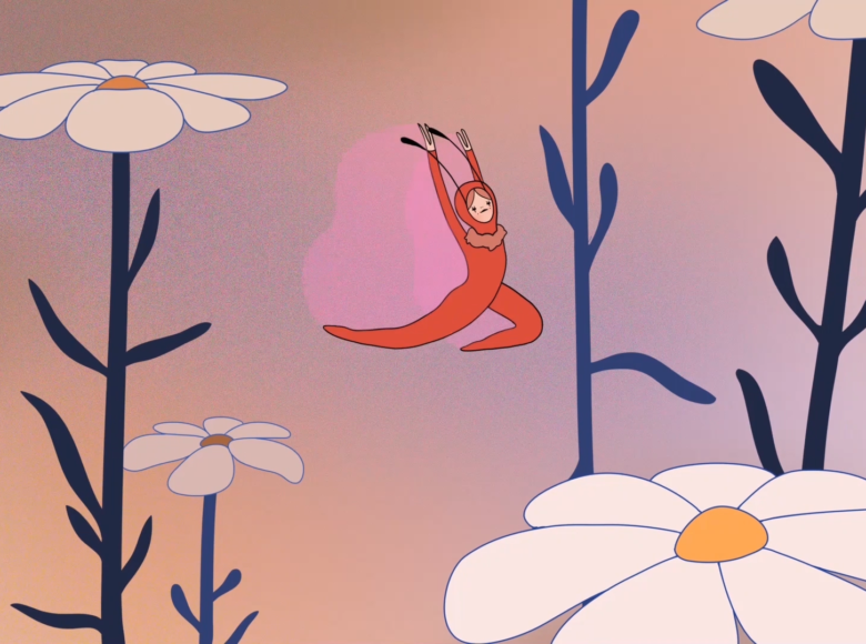 Kadr z filmu animowanego. Wśród kwiatów lata motylek. Ma on postać dziewczynki i skrzydełka.