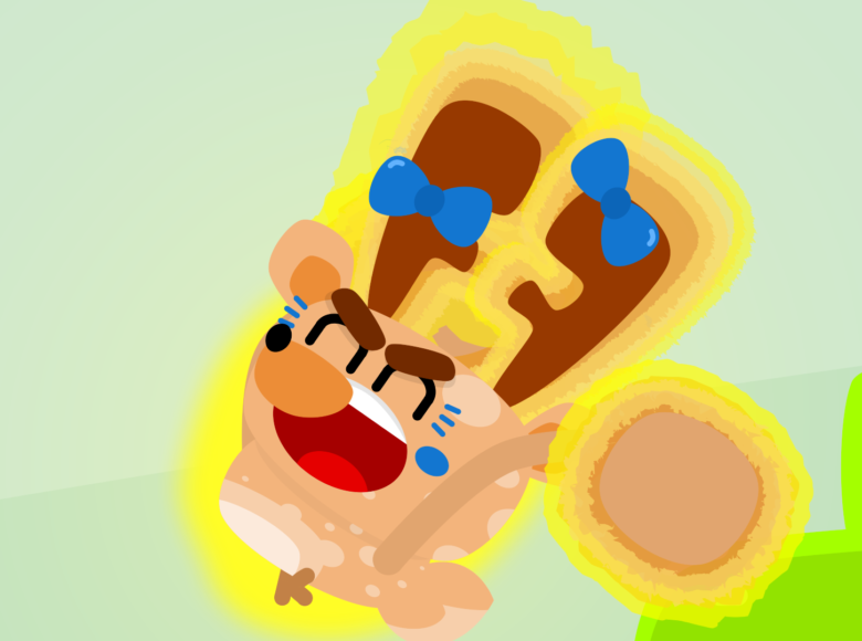 Kadr z filmu animowanego. Na jasnozielonym tle podskakuje krzyczący miś.