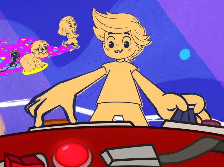 Kadr z filmu animowanego. Na pierwszym planie przy jakimś panelu sterowania stoi pokazany od dołu chłopiec. Chłopiec kręci pokrętadłami panelu. Na dalszym planie biegnąca dziewczynka oraz chłopiec w pozie startowej do biegu i siedzący obok chłopca kot.