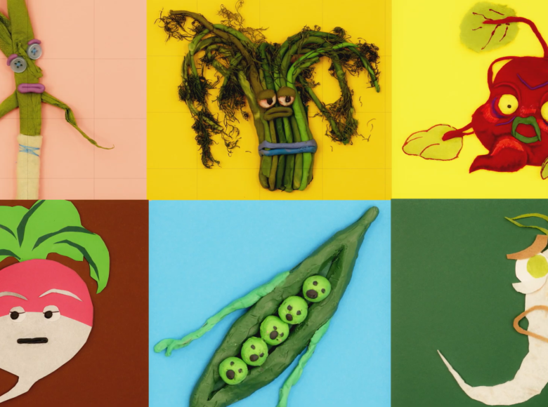 Grafika. Na kolorowym tle leży obok siebie sześć różnych jarzyn. Każda z nich ma oczy i usta.