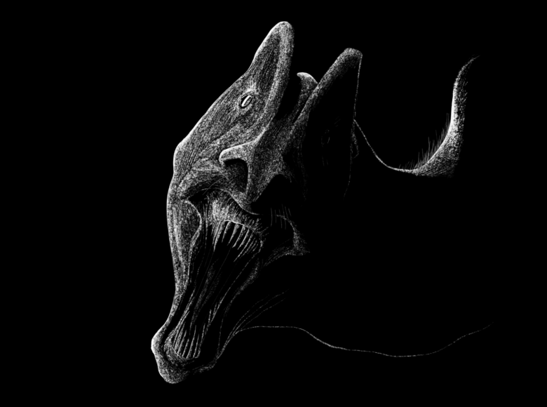 Kadr czarno biały z filmu animowanego. Na czarnym tle otwarta, zębata paszcza potwora.