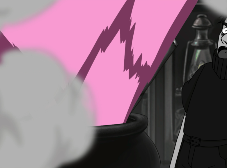 Kadr z filmu animowanego. W pomieszczeniu stoi dziewczyna z wybałuszonymi oczami, otwartymi ustami i wysuniętym językiem. Dziewczyna patrzy ku górze.